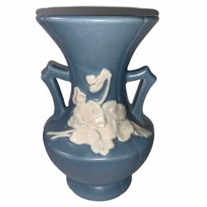 Blue Weller Magnolia (Raised) Flower Vase 2 Handles Weller Art Pottery